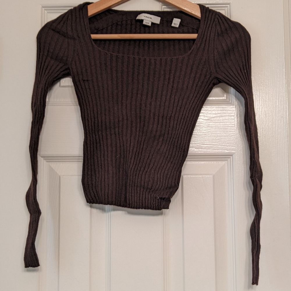 Vince ribbed 100% wool cropped chocolate brown sweater